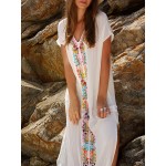 SheIn Summer Beach Long Dresses For Women Boho White Embroidery V Neck Short Sleeve Placement Print Split Side Maxi Dress