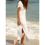 SheIn Summer Beach Long Dresses For Women Boho White Embroidery V Neck Short Sleeve Placement Print Split Side Maxi Dress