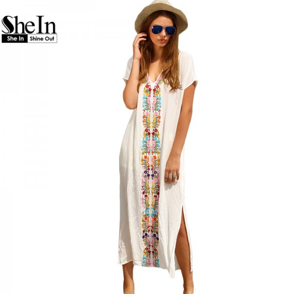 SheIn Summer Beach Long Dresses For Women Boho White Embroidery V Neck Short Sleeve Placement Print Split Side Maxi Dress