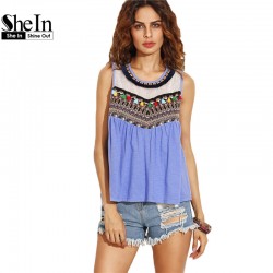 SheIn Summer Casual Tops For Woman 2016 Ladies Blue Round Neck Sleeveless Embroidered Tape Detail Tassel Tank Top