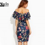 SheIn Summer Dress 2017 Clothes Women Short Sleeve Multicolor Floral Print Off The Shoulder Ruffle Sheath Dress