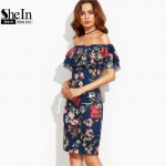 SheIn Summer Dress 2017 Clothes Women Short Sleeve Multicolor Floral Print Off The Shoulder Ruffle Sheath Dress