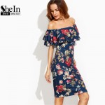 SheIn Summer Dress 2017 Clothes Women Short Sleeve Multicolor Floral Print Off The Shoulder Ruffle Sheath Dress