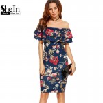SheIn Summer Dress 2017 Clothes Women Short Sleeve Multicolor Floral Print Off The Shoulder Ruffle Sheath Dress