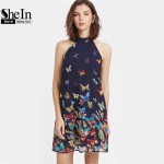 SheIn Summer Dress 2017 Womens Clothing Boho Dress Womens Navy Butterfly Print Halter Neck Sleeveless A Line Dress