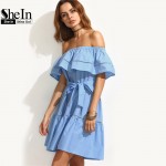 SheIn Summer Dresses For Women Clothing 2016 Blue Tie Waist Hollow Insert Ruffle Short Sleeve Off The Shoulder Dress