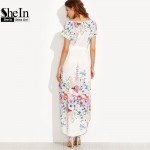 SheIn Summer Floral Long Dresses For Woman Boho White Flower Print V Neck Short Sleeve Belted Side Slit A Line Maxi Dress