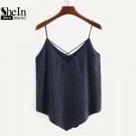 SheIn Summer Tops 2017 Sexy Tops for Women Designer Tops New Styles Blue Spaghetti Strap Faux Suede Lattice Cami Top