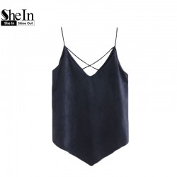 SheIn Summer Tops 2017 Sexy Tops for Women Designer Tops New Styles Blue Spaghetti Strap Faux Suede Lattice Cami Top