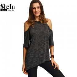 SheIn Summer Woman Fashion Tops Ladies Tee Shirts Casual Half Sleeve Cold Shoulder Black Crew Neck Asymmetric Hem T-shirt