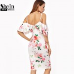 SheIn Summer Women Dress Korean Fashion Clothing White Rose Print Cold Shoulder Short Sleeve Ruffle Knee Length Dress