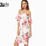 SheIn Summer Women Dress Korean Fashion Clothing White Rose Print Cold Shoulder Short Sleeve Ruffle Knee Length Dress