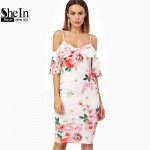 SheIn Summer Women Dress Korean Fashion Clothing White Rose Print Cold Shoulder Short Sleeve Ruffle Knee Length Dress