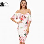 SheIn Summer Women Dress Korean Fashion Clothing White Rose Print Cold Shoulder Short Sleeve Ruffle Knee Length Dress