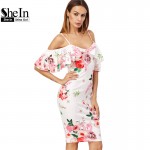 SheIn Summer Women Dress Korean Fashion Clothing White Rose Print Cold Shoulder Short Sleeve Ruffle Knee Length Dress