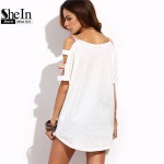 SheIn T shirt Women 2016 Clothing Summer Casual T-shirt Tops Ladies Beige Square Neck Cut Out Short Sleeve T-shirt