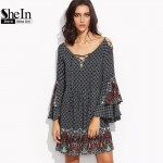 SheIn Vintage Dresses For Women Boho Dress Multicolor Tribal Print Crisscross V Neck Long Flare Sleeve Shift Dress
