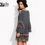 SheIn Vintage Dresses For Women Boho Dress Multicolor Tribal Print Crisscross V Neck Long Flare Sleeve Shift Dress