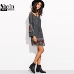 SheIn Vintage Dresses For Women Boho Dress Multicolor Tribal Print Crisscross V Neck Long Flare Sleeve Shift Dress