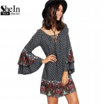 SheIn Vintage Dresses For Women Boho Dress Multicolor Tribal Print Crisscross V Neck Long Flare Sleeve Shift Dress