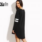 SheIn Woman Autumn Shift Dresses Ladies Black With White Striped Round Neck Long Sleeve Casual High Low Short Dress