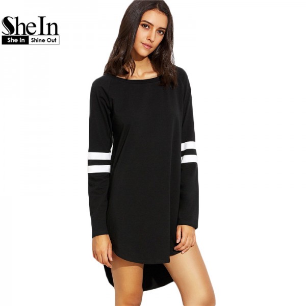SheIn Woman Autumn Shift Dresses Ladies Black With White Striped Round Neck Long Sleeve Casual High Low Short Dress