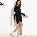 SheIn Woman Autumn Shift Dresses Ladies Black With White Striped Round Neck Long Sleeve Casual High Low Short Dress