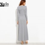 SheIn Woman Heather Grey Wrap Maxi Dress With Pockets Autumn Ladies Deep V Neck Long Sleeve Vintage Belted A Line Dress