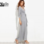 SheIn Woman Heather Grey Wrap Maxi Dress With Pockets Autumn Ladies Deep V Neck Long Sleeve Vintage Belted A Line Dress