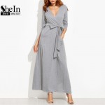 SheIn Woman Heather Grey Wrap Maxi Dress With Pockets Autumn Ladies Deep V Neck Long Sleeve Vintage Belted A Line Dress