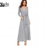 SheIn Woman Heather Grey Wrap Maxi Dress With Pockets Autumn Ladies Deep V Neck Long Sleeve Vintage Belted A Line Dress