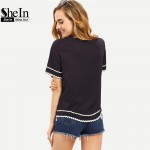 SheIn Women 2016 New Arrival Fashion Tops Ladies Tee Shirts Crew Neck Navy Waved Print Trim Short Sleeve T-shirt