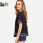 SheIn Women 2016 New Arrival Fashion Tops Ladies Tee Shirts Crew Neck Navy Waved Print Trim Short Sleeve T-shirt