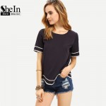 SheIn Women 2016 New Arrival Fashion Tops Ladies Tee Shirts Crew Neck Navy Waved Print Trim Short Sleeve T-shirt