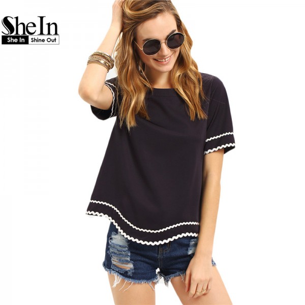 SheIn Women 2016 New Arrival Fashion Tops Ladies Tee Shirts Crew Neck Navy Waved Print Trim Short Sleeve T-shirt