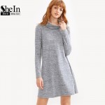 SheIn Women Autumn Dress Long Sleeve Womens Clothing Fall 2016 T shirt Dress Grey Marled Knit Cowl Neck A Line Basic Dress