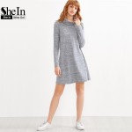 SheIn Women Autumn Dress Long Sleeve Womens Clothing Fall 2016 T shirt Dress Grey Marled Knit Cowl Neck A Line Basic Dress