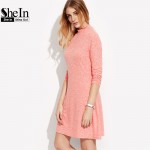 SheIn Women Autumn Dresses Pink Long Sleeve Dress Ladies Fall 2016 Ribbed Funnel Neck Casual Elegant Short Dress