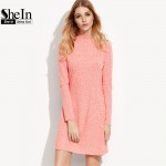 SheIn Women Autumn Dresses Pink Long Sleeve Dress Ladies Fall 2016 Ribbed Funnel Neck Casual Elegant Short Dress