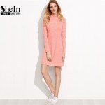 SheIn Women Autumn Dresses Pink Long Sleeve Dress Ladies Fall 2016 Ribbed Funnel Neck Casual Elegant Short Dress