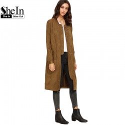 SheIn Women Basic Coats Crew Neck Outwear Winter Coat Women Coffee Faux Suede Zip Up Longline Bomber Knee Length Jacket Coat