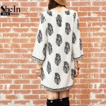 SheIn Women Bohemian Dress Summer Casual Long Sleeve Split Tie Neck Lacing Tribal Print Vintage Straight Short Dresses