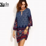 SheIn Women Boho Dress Ladies Vintage Dresses Multicolor Tribal Print Cut Out Three Quarter Length Sleeve Short Dress