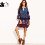 SheIn Women Boho Dress Ladies Vintage Dresses Multicolor Tribal Print Cut Out Three Quarter Length Sleeve Short Dress