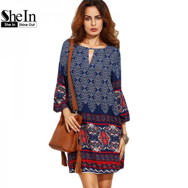 SheIn Women Boho Dress Ladies Vintage Dresses Multicolor Tribal Print Cut Out Three Quarter Length Sleeve Short Dress