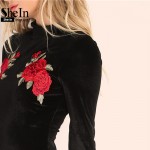 SheIn Women Dresses Autumn Women's Fashion Black Rose Print High Neck Velvet Long Sleeve Short Elegant Bodycon Dress