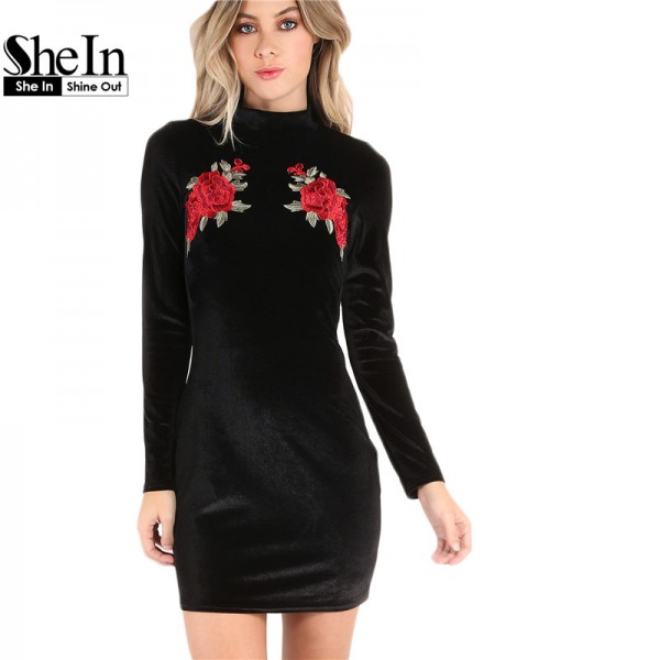 SheIn Women Dresses Autumn Women's Fashion Black Rose Print High Neck Velvet Long Sleeve Short Elegant Bodycon Dress