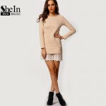 SheIn Women Fashion Mini Dresses Elegant Ladies Long Sleeve Round Neck Contrast Lace Embroidered Flounce Shift Dress