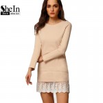SheIn Women Fashion Mini Dresses Elegant Ladies Long Sleeve Round Neck Contrast Lace Embroidered Flounce Shift Dress