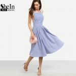 SheIn Women New Arrival Sexy Midi Dresses 2016 Summer Blue Striped Square Neck Sleeveless Crisscross Back A Line Dress